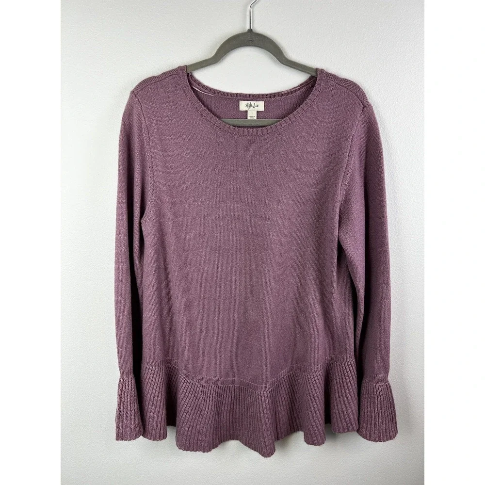 Style Co Womens Purple Plum‎ Mauve Pullover Sweater Flounce Hem Bell Sleeves L